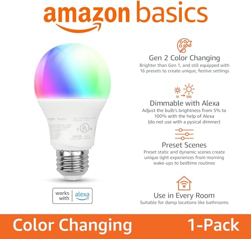 Amazon Basics Smart A19 Color Changing LED Bulb, 9W (60W Equivalent), Works with Alexa, 1-Pack