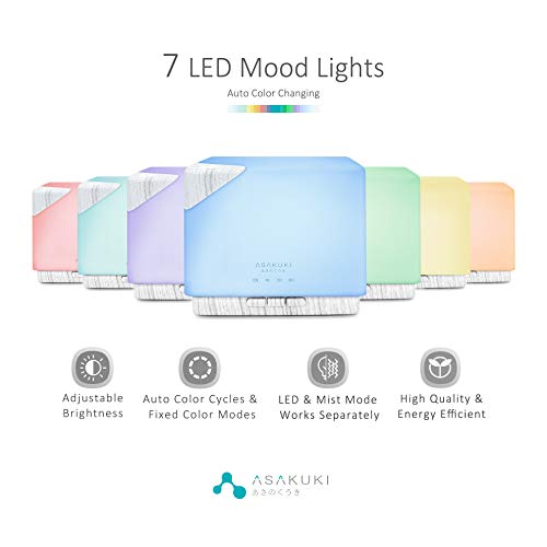 ASAKUKI 700ml Essential Oil Diffuser: 5-in-1 Ultrasonic Aromatherapy Vaporizer with Timer, Auto-Off, and 7 LED Colors